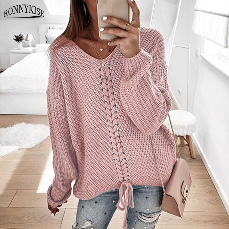 Pull en Maille avec Lacet Décolleté V