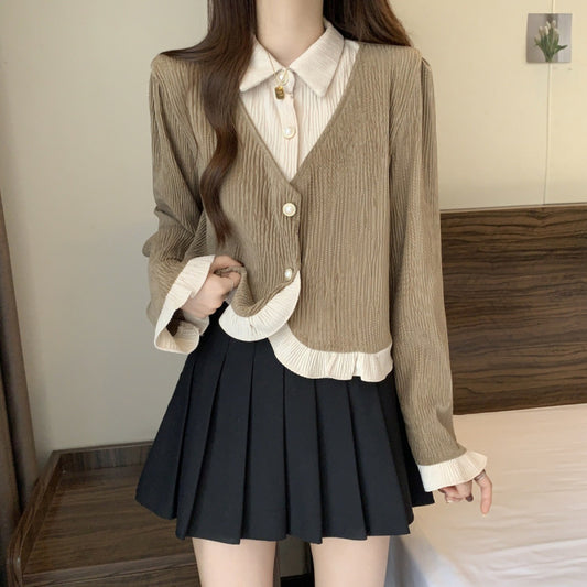 Haut deux-en-un chemise & cardigan – Style preppy féminin