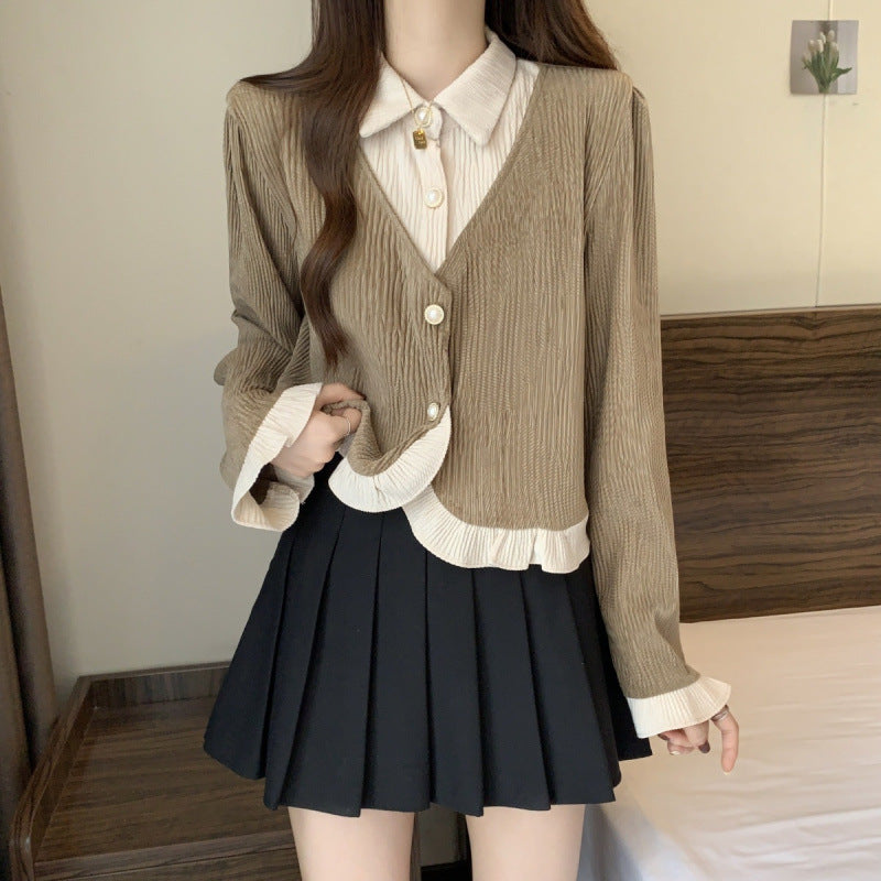 Haut deux-en-un chemise & cardigan – Style preppy féminin