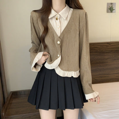 Haut deux-en-un chemise & cardigan – Style preppy féminin