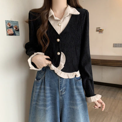 Haut deux-en-un chemise & cardigan – Style preppy féminin