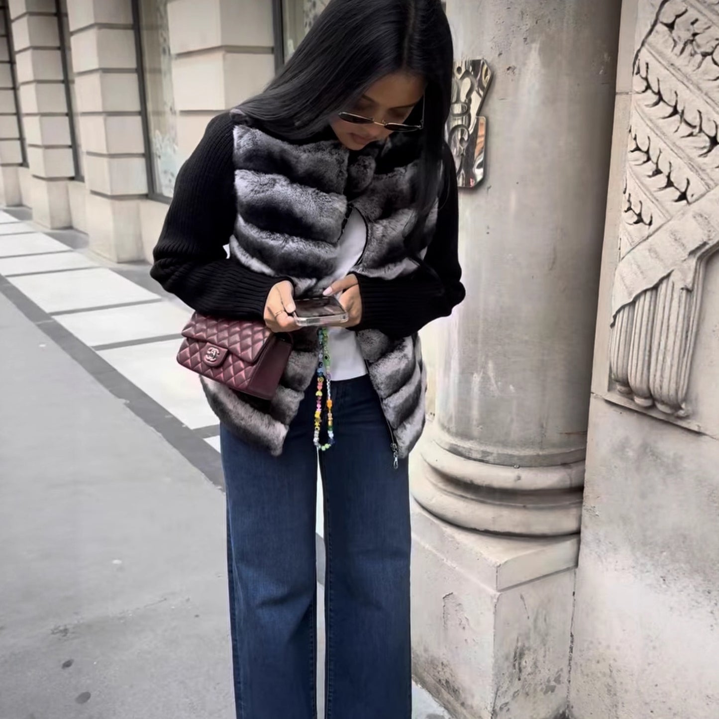 Veste chic bi-matière en fausse fourrure