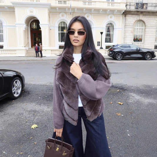 Veste chic bi-matière en fausse fourrure