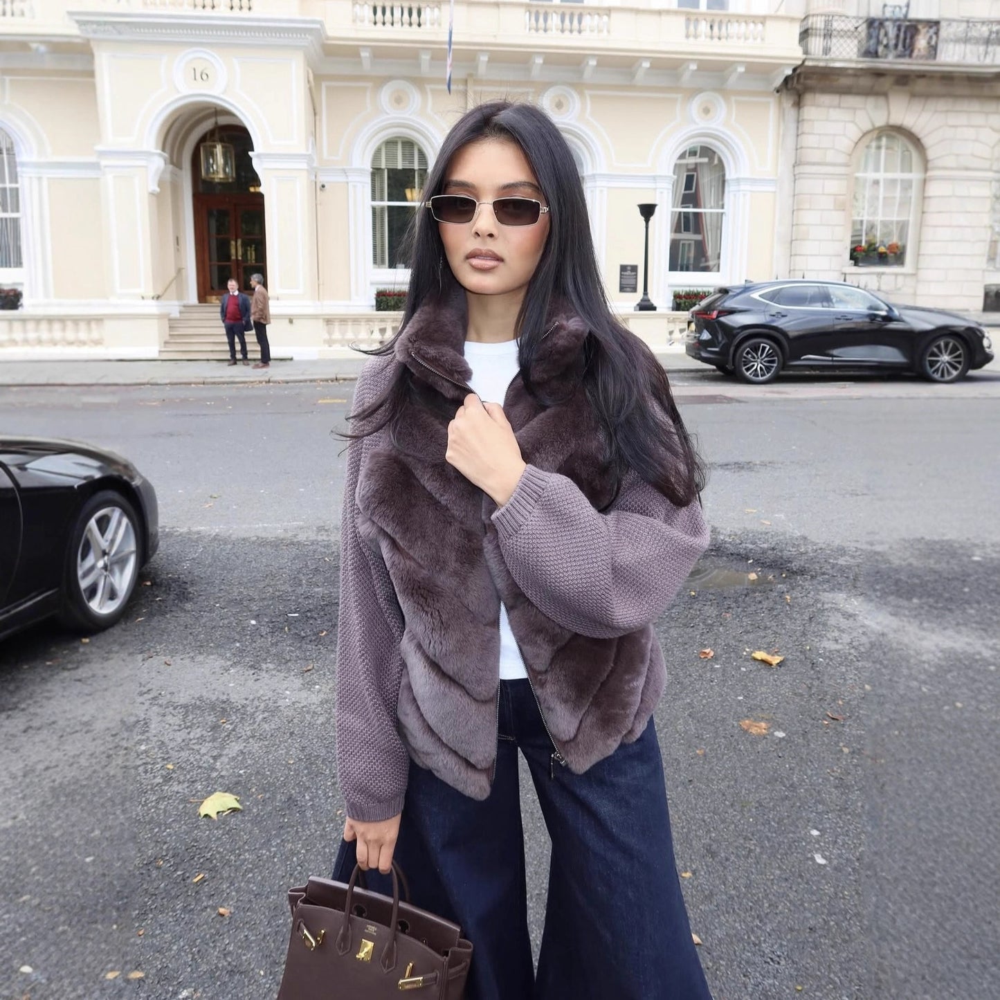 Veste chic bi-matière en fausse fourrure