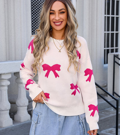 Sweater Bow Print Roundneck
