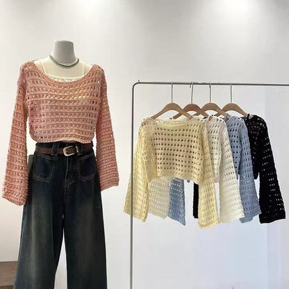 Pull court en maille ajourée tendance