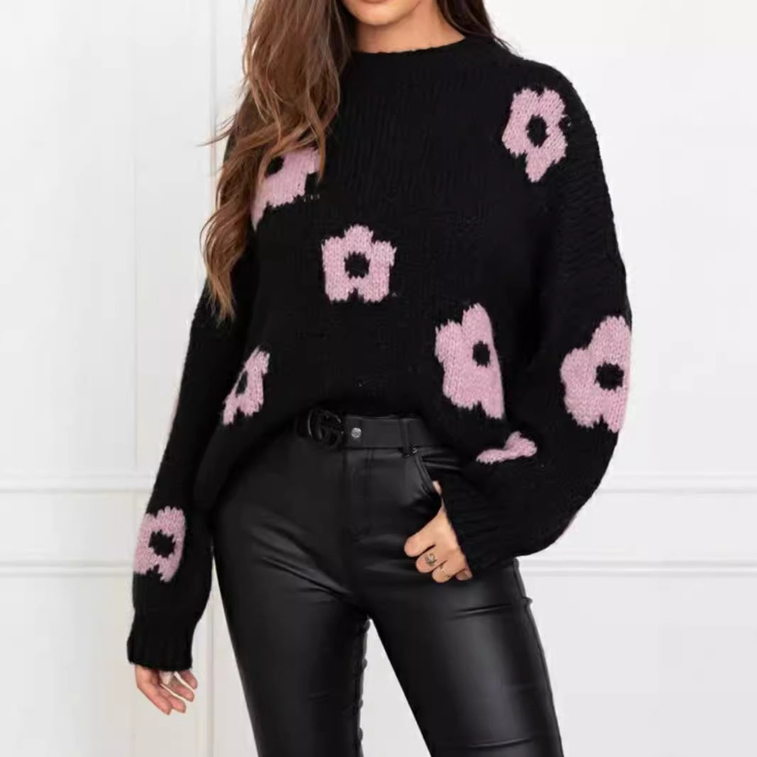 Pull Col Roulé Floral Oversize